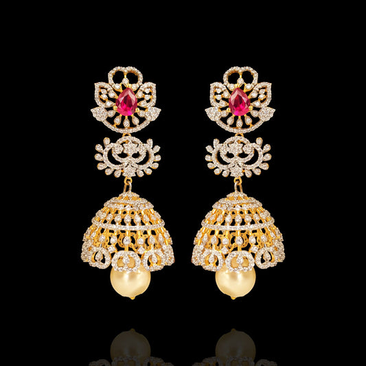 18Kt Polish Diamond Look Ruby Pearl Jhumka Earrings Design