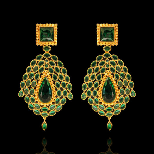 92.5 Pure Silver Green Stone-Studded Long Earrings Design