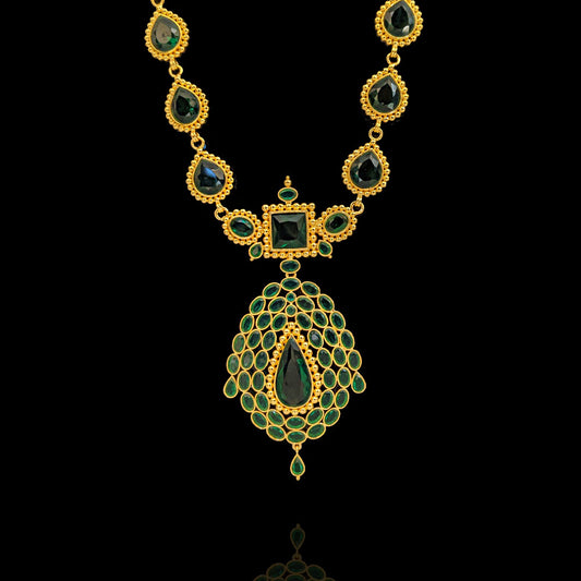 92.5 Pure Silver Green Stone-Studded Long Haram Necklace Design