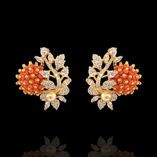 Coral Studs Cocktail Earrings Diamond Look Earrings Studs | South Indian Jewelry