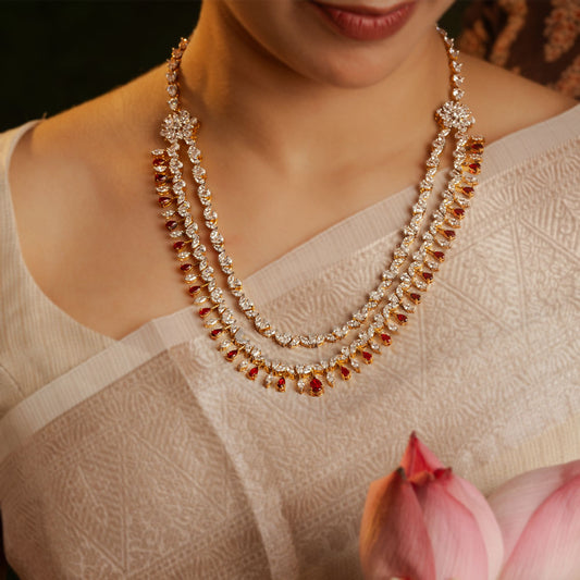 Delicate 2 Line Necklace + Earrings Set with Diamond & Ruby Look