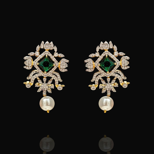 Delicate Pearl Drop Emerald Stud Earrings with 18K Gold Polish