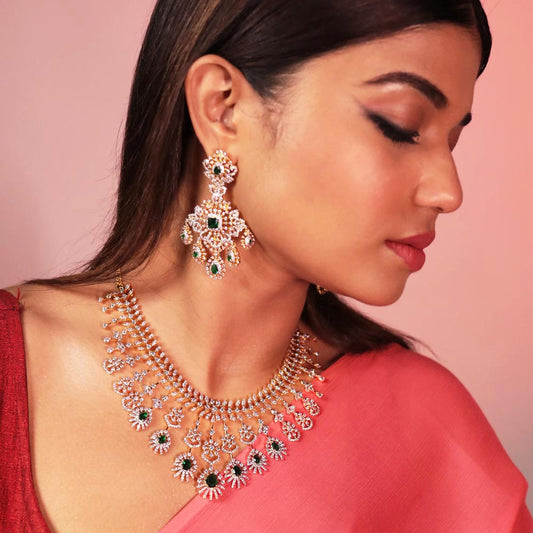 Diamond Look Necklace + Earring Set - An Ethereal &  Graceful Design