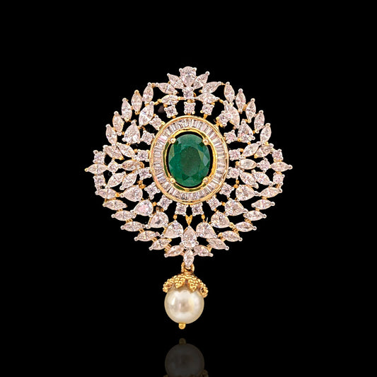 Exquisite CZ Diamond Emerald Pendant with Pearl Drop in Gold Polish