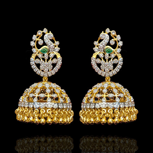 Gold-Plated CZ Diamond Jhumka Earrings with Emerald Accent – Traditional Bridal Jewelry