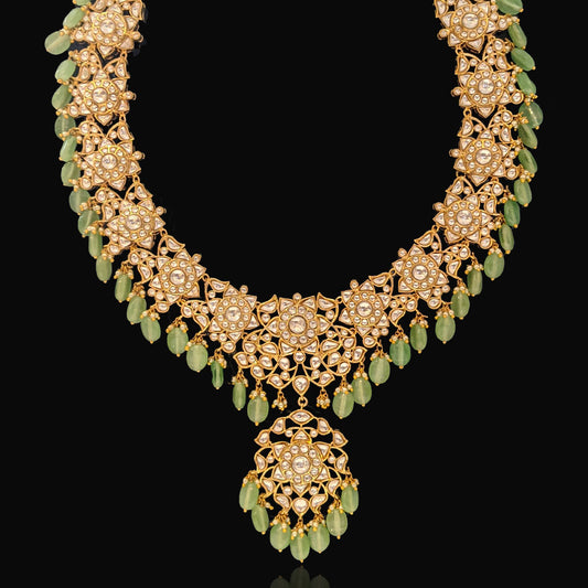 Gold Plated 925 Silver Choker With Polki Look & Light Green Drops 