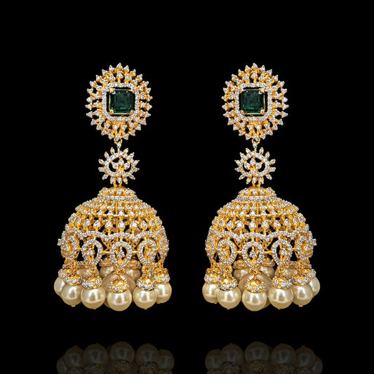 Grand Emerald Square Top Jhumka Earrings with Pearl Drops