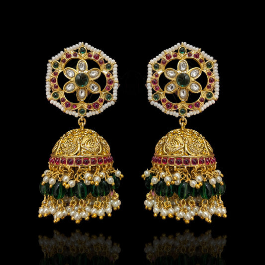 Grand Polki Kundan Ruby Emerald Pearl Jhumka Earrings in 92.5 Silver with Gold Polish