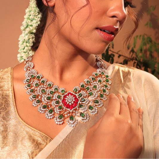 Luxurious 92.5 Silver Emerald Ruby Floral Diamond Look Necklace