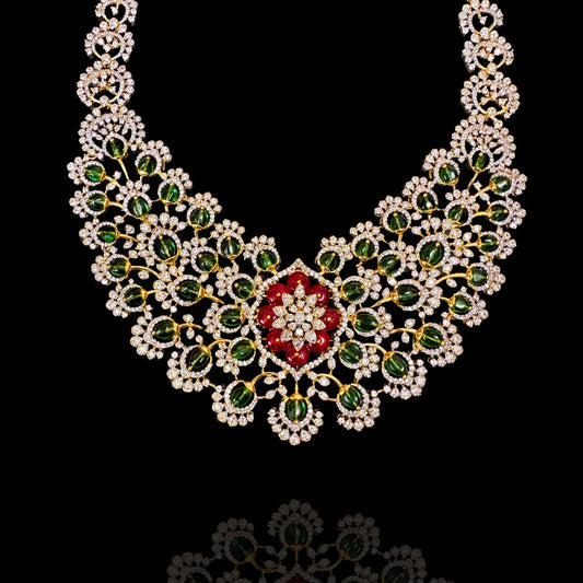 Luxurious 92.5 Silver Emerald Ruby Floral Diamond Look Necklace