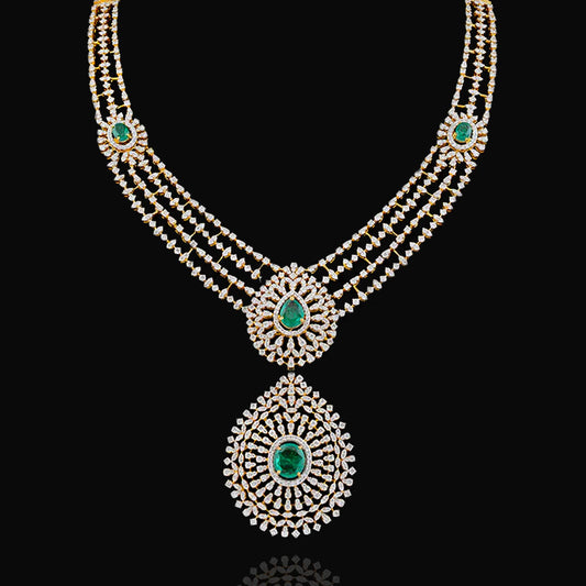 Maharani 3 Layer Diamond Emerald Look Haram Necklace