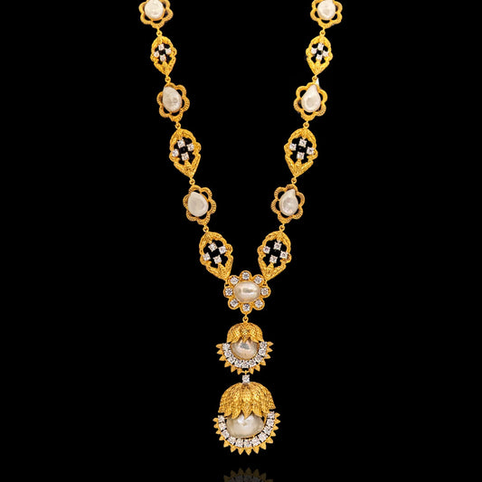 Modern Gold Polished Cocktail Diamond Look Necklace with Baroque Pearls