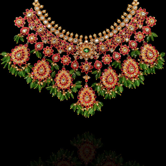 Red Kundan Gulab Polki Look Short Haram Necklace with Green Drops